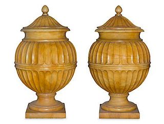 A Pair of Italian Marble Urns Height 34 inches.