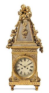 A French Painted and Parcel Gilt Mantel Clock Height 35 x width 15 x depth 6 1/4 inches.