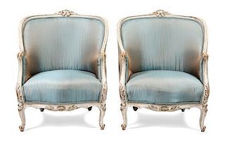 A Pair of Louis XV Style Painted Bergeres Height 33 inches.