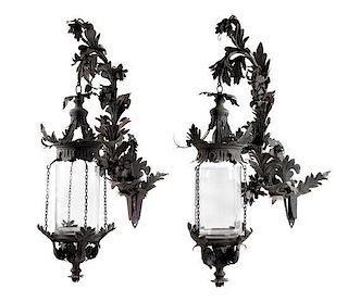 A Pair of French Tole Hanging Lanterns Height 46 x width 38 inches.