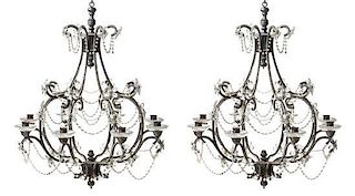A Pair of English Beaded Eight-Light Chandeliers Height 32 x diameter 32 inches.