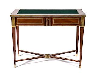 A Russian Brass Mounted Mahogany Writing Table Height 29 1/2 x width 38 1/2 x depth 21 1/2 inches.