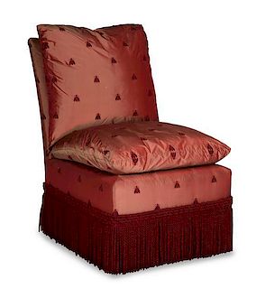 An Italian Silk Upholstered Slipper Chair Height 36 x width 21 1/2 x depth 26 1/2 inches.