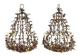 A Pair of Tole Ten-Light Chandeliers Height 35 1/2 inches.
