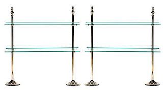 A Pair of Chromed Metal and Glass Etageres Height 40 x width 38 x depth 21 1/2 inches.