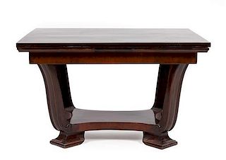 An Art Deco Style Mahogany Draw-Leaf Extension Table Height 30 x depth 39 1/2 x length 87 inches (fully extended).