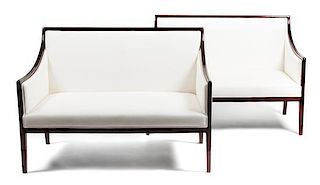 A Pair of Art Deco Style Mahogany Settees Height 34 x width 49 x depth 27 inches.