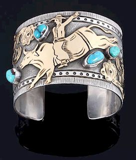 Signed Navajo Sterling & 12k Gold Pictorial Cuff
