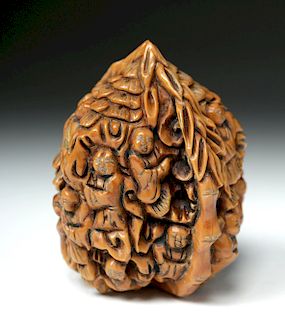 19th C. Chinese Carved Wooden Walnut - Signed
