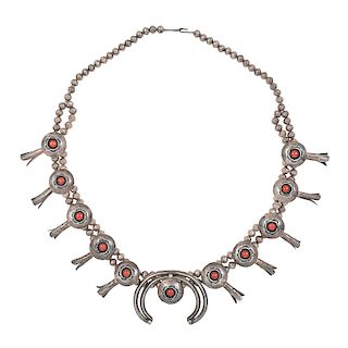 Navajo Silver and Coral Shadow Box Squash Blossom Necklace