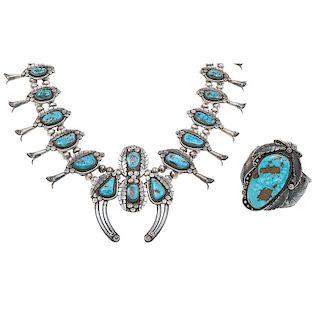 Navajo Silver and Turquoise Squash Blossom Necklace PLUS Silver and Turquoise Cuff Bracelet
