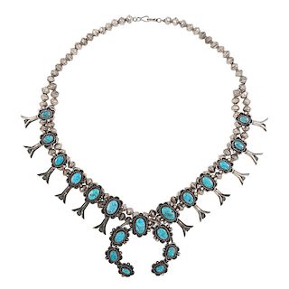 Dainty Navajo Silver and Turquoise Squash Blossom