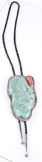 Substantial Navajo Silver, Turquoise, and Coral Bolo