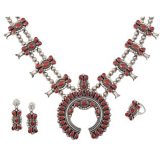 Paul and Nancy Leekity (Zuni, 20th century) Silver and Coral Cluster Squash Blossom, Earrings, and Ring Set