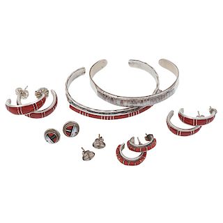 Zuni Coral and Mother of Pearl Inlaid Cuff Bracelets and Earrings