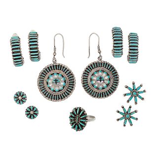 A Collection of Zuni Needle Point Earrings AND Ring