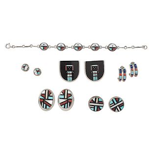 Zuni and Navajo Mosaic Inlay Earrings and Bracelet