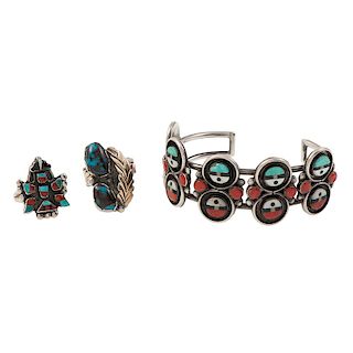 Zuni Mosaic Inlay Cuff Bracelet and Ring PLUS Navajo Ring