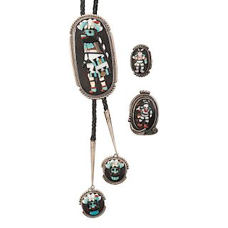 Augustine and Rosalie Pinto (Zuni, 20th century) Silver Mosaic Inlay Bolo Tie and Ring PLUS