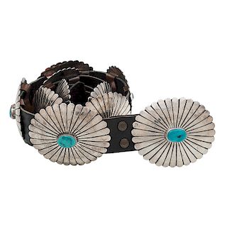 Wilson Blackgoat (Dine, 20th century) Silver and Turquoise Concha Belt