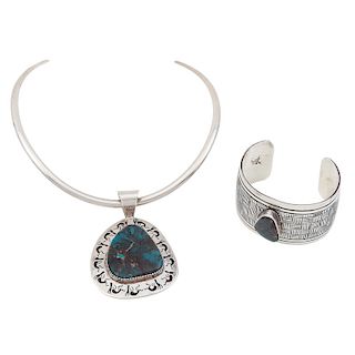Silver and Turquoise Cuff Bracelet and Necklace