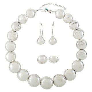 Southwestern Sterling Silver Pillow Bead Necklace PLUS Earrings