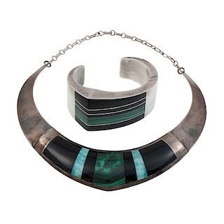 Chase Harrison (American, 20th century) Southwestern Style Silver Inlay Cuff Bracelet and Necklace