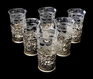 A Set of Six English Silver-Plate and Etched Glass Tumblers, Height 6 5/8 inches.