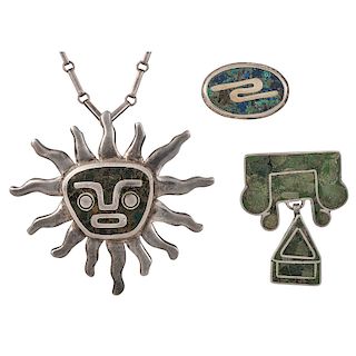 Mexican Sterling Silver Chip Inlay Brooches / Pendants