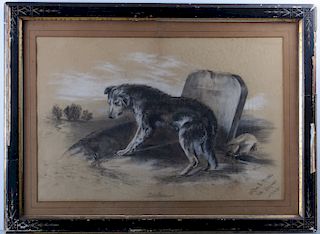1882 Charcoal Drawing of a Dog and Headstone