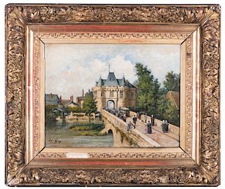 French Town & Bridge Scene Oil on Canvas