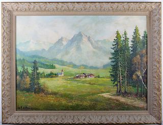 Hans Edelmann Alpine Farm Landscape Oil on Linen