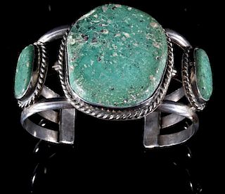 Signed Navajo Green Lapis & Sterling Silver Cuff