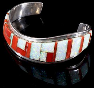 Signed Navajo Sterling & Opal, Oyster Mosaic Cuff