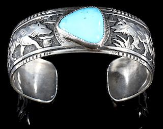 R. Singer Navajo Engraved Silver & Turquoise Cuff