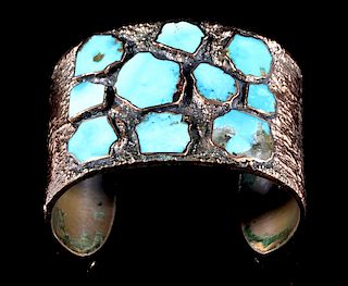 Signed Navajo Solid Copper & Turquoise Cuff