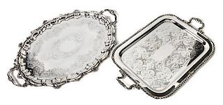 Two Silver-Plate Two-Handled Trays, Early 20th Century, Length of first over handles 27 1/2 inches.