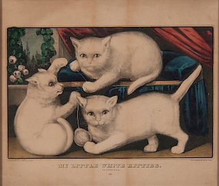 Currier & Ives Hand-Colored Lithograph, My Little White Kitties