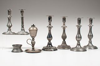 Pewter Candlesticks and Whale Oil Lamp, Plus