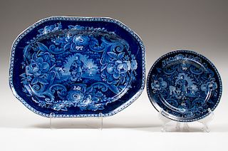 Clews Staffordshire Blue Plate and Platter, Peace & Plenty