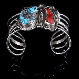 Navajo Morenci Turquoise, Sterling & Coral Cuff