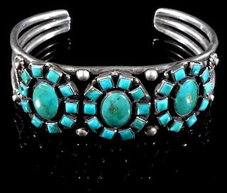 Navajo Turquoise & Sterling Silver Cluster Cuff