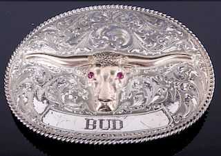 Sterling Silver Longhorn Engraved Belt Buckle