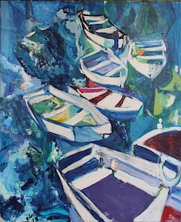 COOPER, Joanne. Oil on Canvas. Rowboats. 1973.
