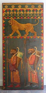 UNSIGNED. Oil on Wood Panel. Assyrian Motif