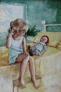 ILLEGIBLY Signed. Oil on Canvas. Girl and Doll.