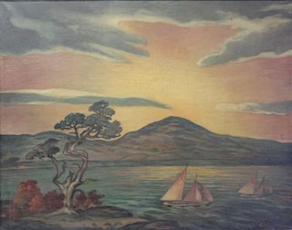 MORAN, Eliza. OIl on Canvas. Boats at Sea.