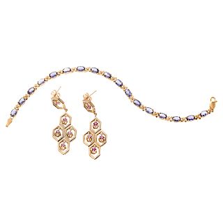 A Gemstone Bracelet and Earrings in 14K Gold
