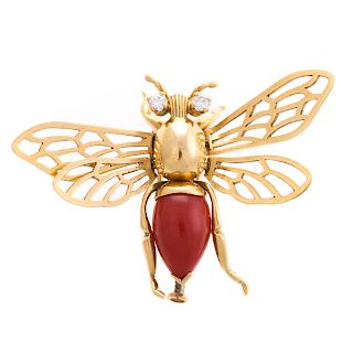 A Bumblebee Brooch with Diamonds & Coral in 14K