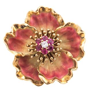 A Flower Brooch with Rubies & Diamonds in 18K